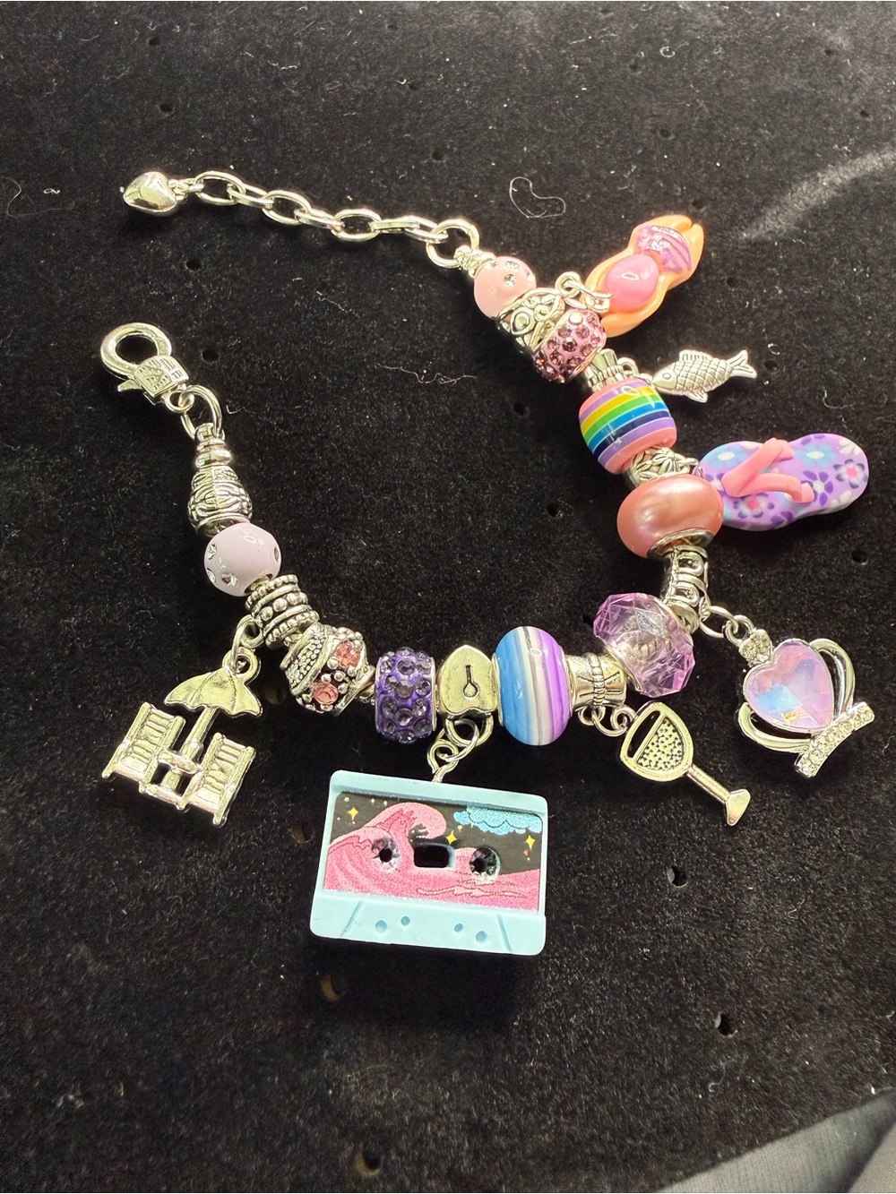 Pink & Purple Charm Bracelet with Cute Mini Cassette Tape, Swimmer, & Sandal